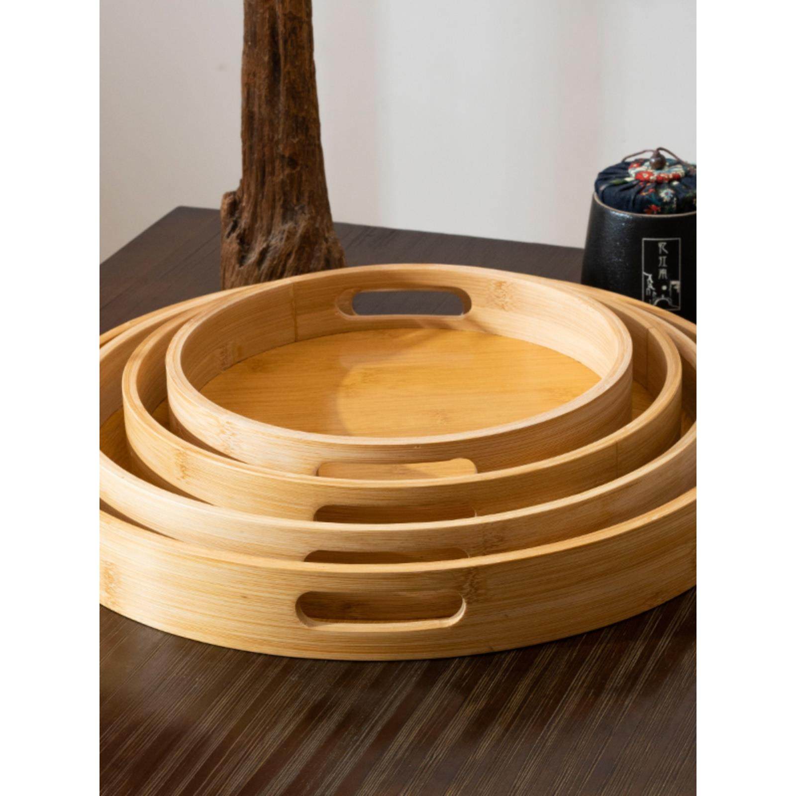 竹木精致复古茶托盘家用简约茶海圆形长方形胡桃色方盘大号茶盘