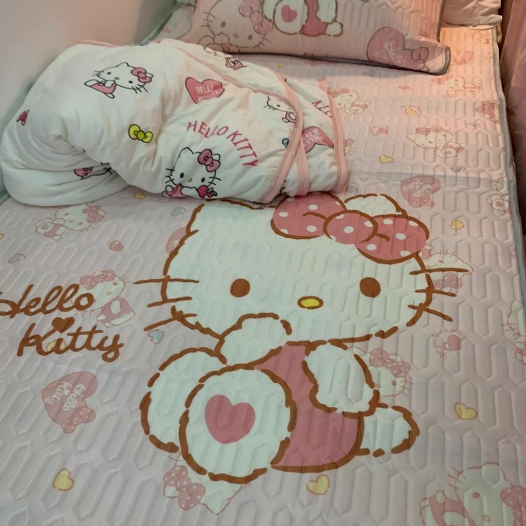 2024新款KT猫乳胶凉席夏季学生宿舍单人可折叠席子床垫三件套防滑