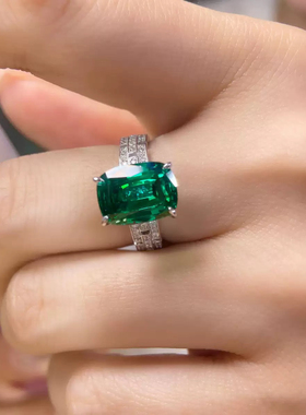 8克拉祖母绿培育戒指精镶高级感S925纯银指环晚宴气质宝石 高级感