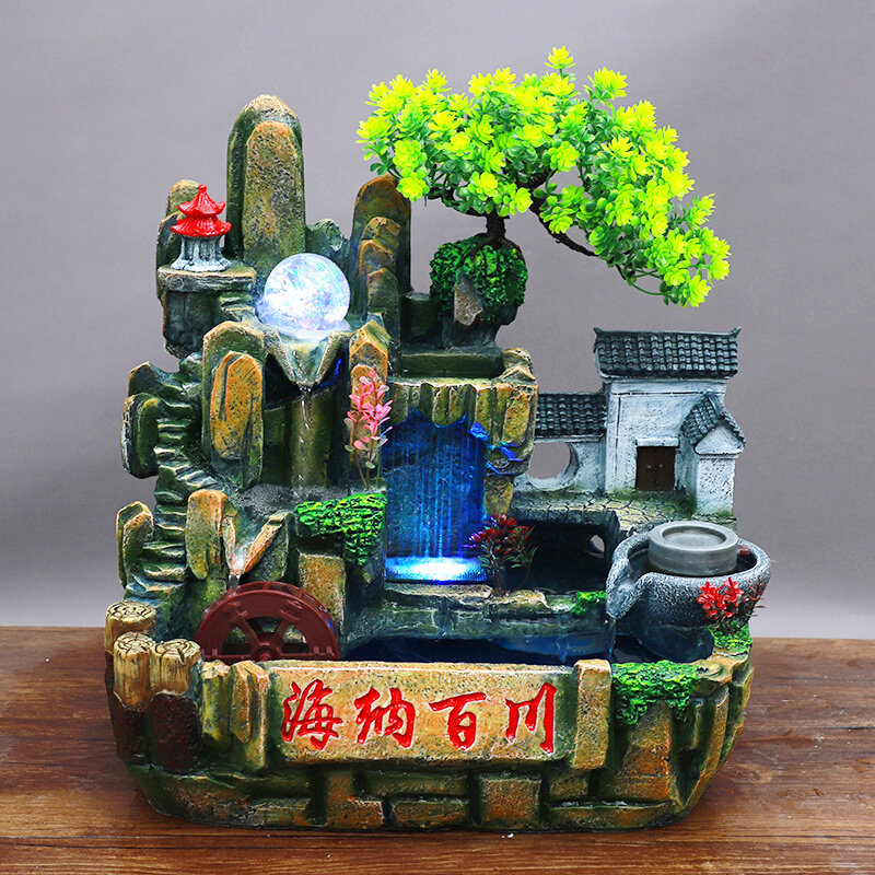 海纳百川假山流水喷泉美容院养生馆开张开业送礼雨景礼品摆件