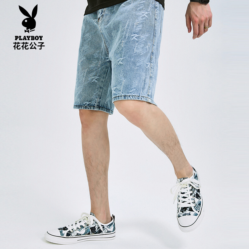 花花公子2022年夏季新款男士牛仔短裤薄款宽松直筒休闲中裤男夏天