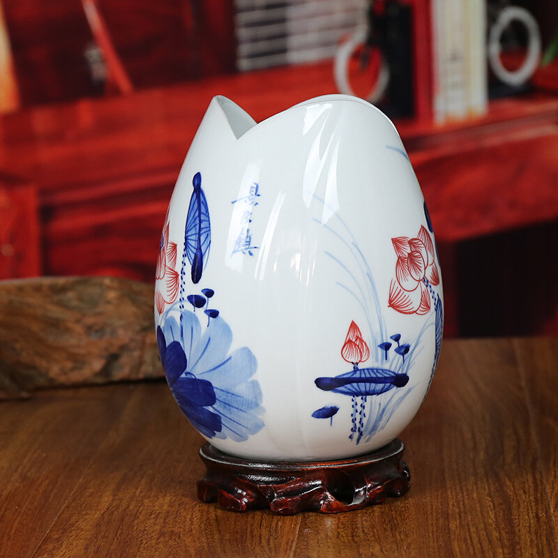 景德镇陶瓷花瓶青花瓷器斗彩荷花现代家居客厅摆件古典工艺品礼物