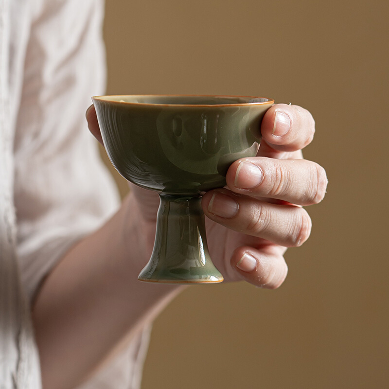 新款越窑青瓷高脚主人杯仿宋复古高足茶杯单个品茗杯功夫茶具