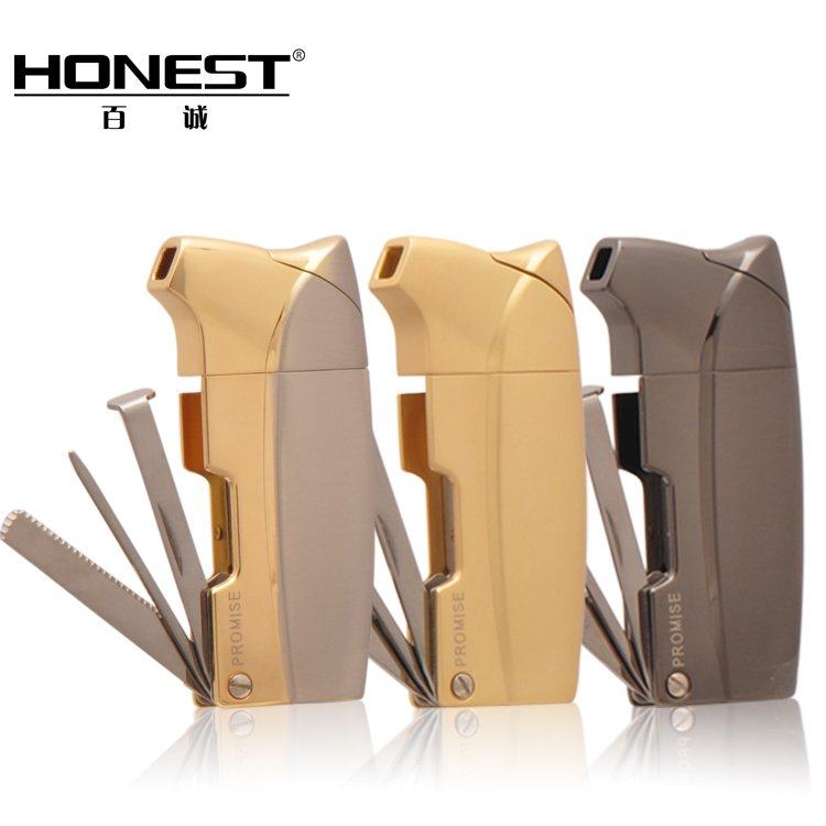 Honest百诚明火气体打火机斜火点火器烟斗专用火机带三合一烟刀