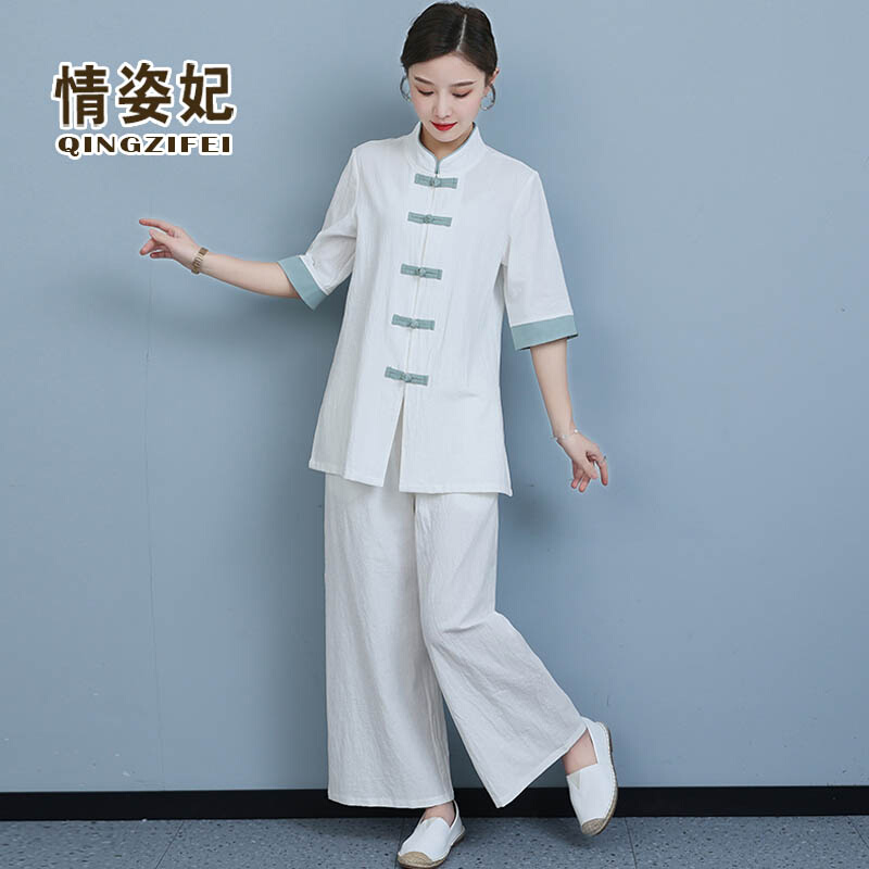 中国风佛系衣服春夏中式禅意女装棉麻两件套瑜伽服中式唐装太极服