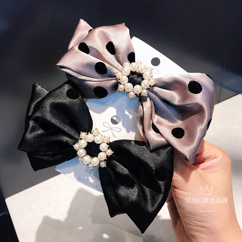 韩国蝴蝶结发夹波点法式甜美珍珠顶夹马尾夹气质淑女头饰夹子头花