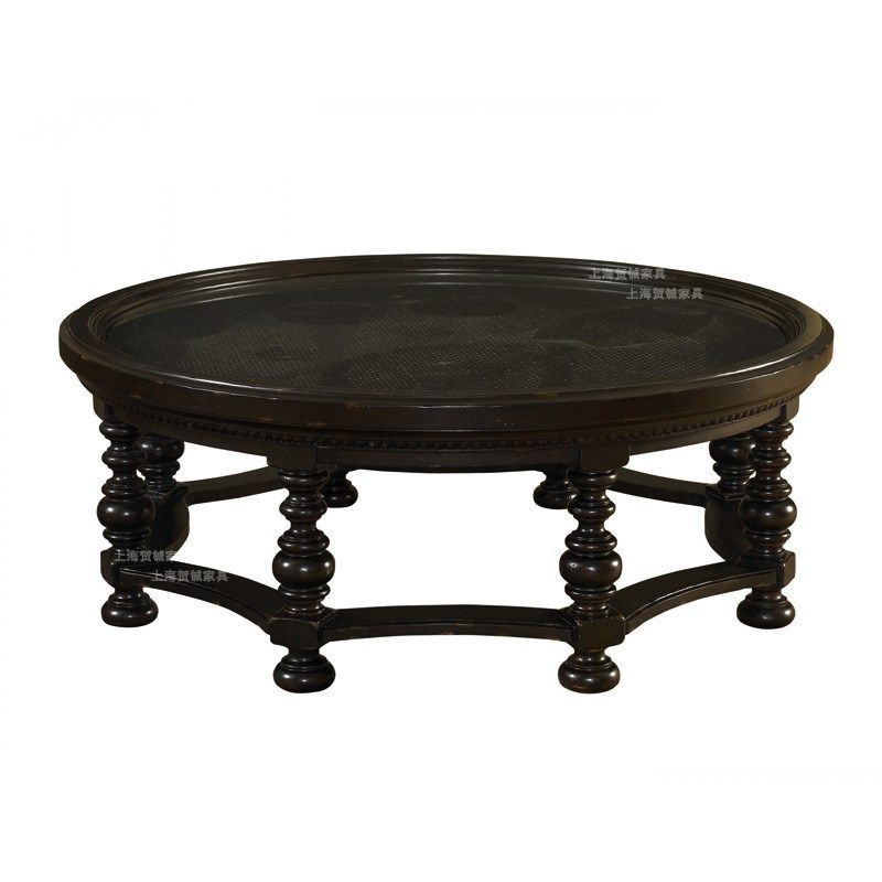 美式实木圆形茶几黑色罗马柱大茶桌复古做旧手工编藤玻璃客厅家具
