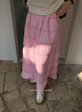 a字气质垂坠感粉色半身裙女装高级感小个子长款百褶裙2025新款夏