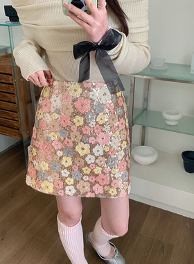 韩版设计感小众辣妹重工刺绣亮片花朵低腰a字短裙包臀半身裙子女