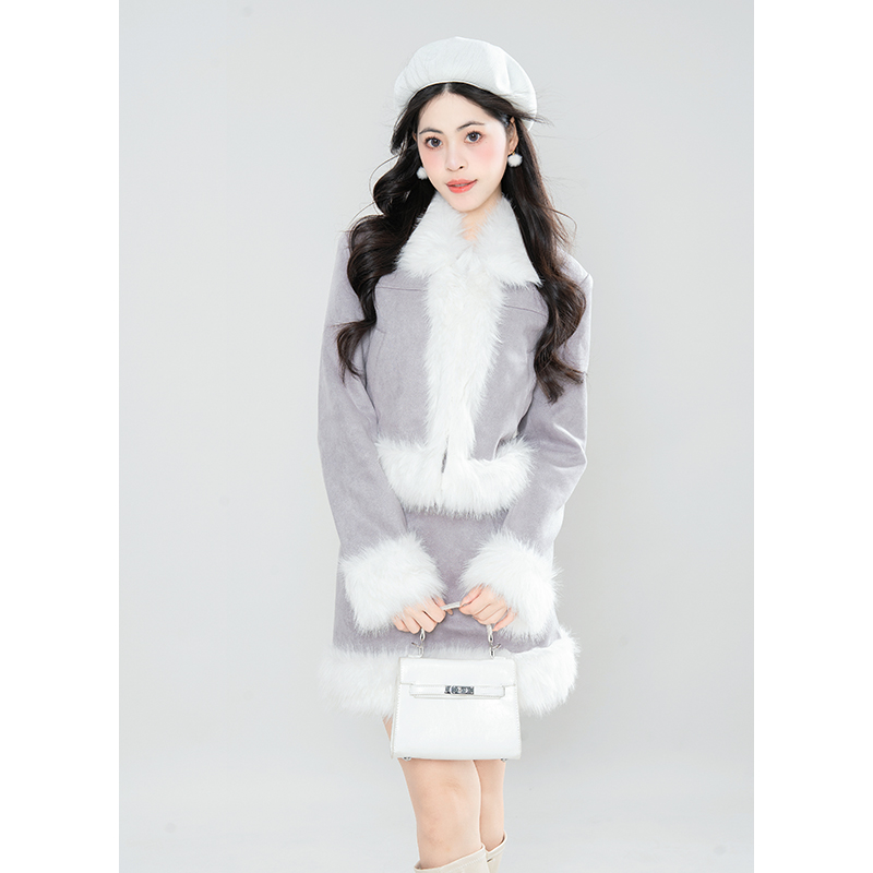 香芋套装毛毛层次感慵懒短款外套开衫+气质显瘦半裙套装冬季新款