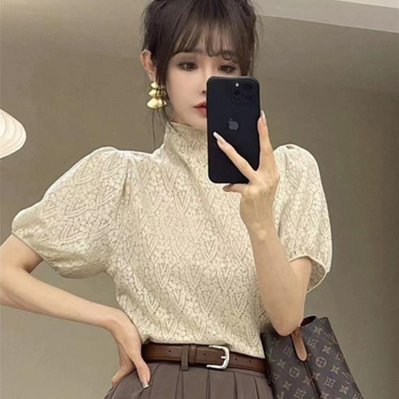 法式蕾丝烫钻泡泡短袖小衫女春季新款温柔气质显瘦高领打底衫上衣