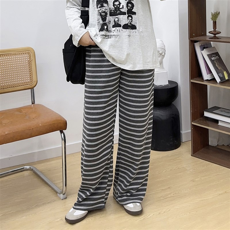 大码胖mm早春新款撞色条纹阔腿裤女抽绳高腰休闲卫裤子宽松直筒裤