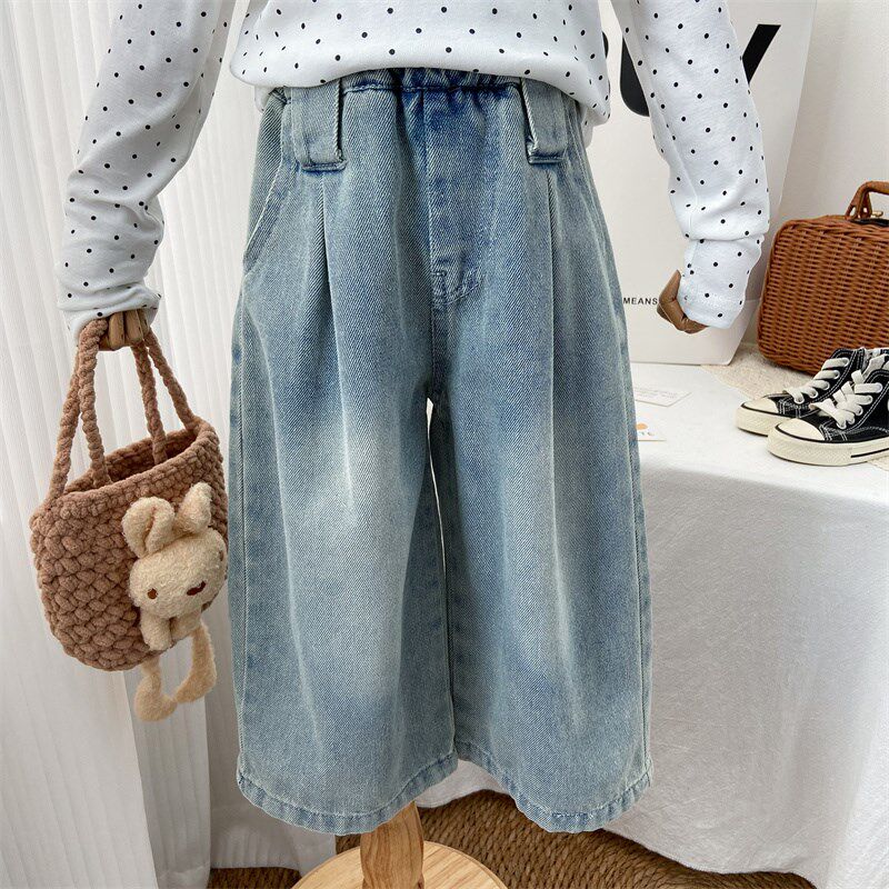 女童裤子春秋款2025新款洋气浅蓝色高腰牛仔裤阔腿裤宽松直筒裤潮