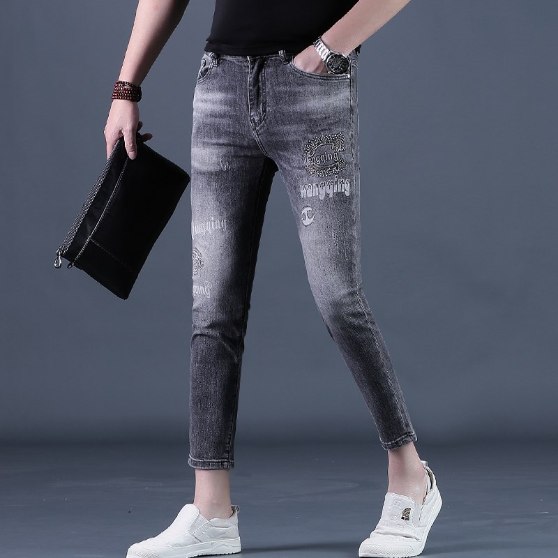 九分裤男弹力牛仔裤男士潮牌紧身小脚夏季黑灰色9分男裤子薄