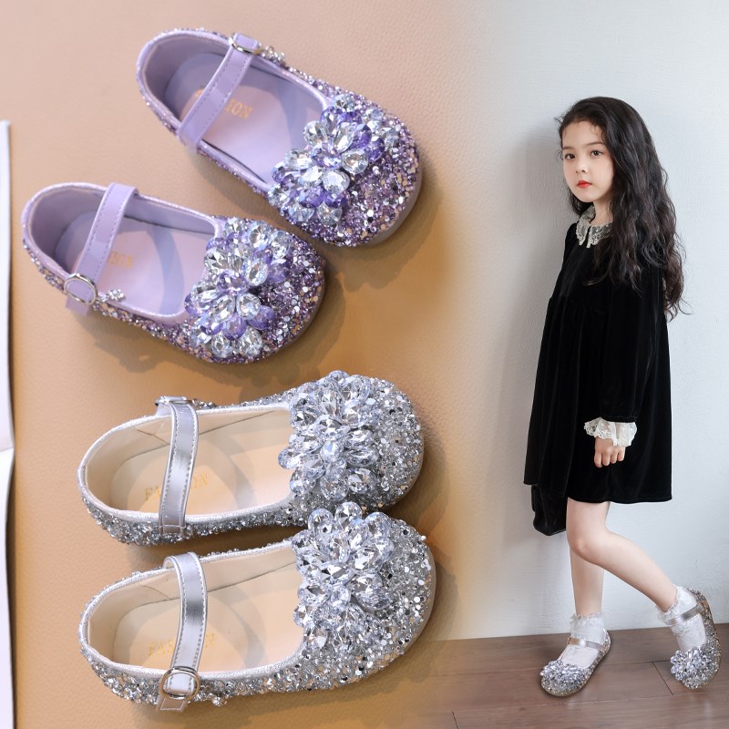 女童水晶鞋2025新款儿童公主鞋春秋款小女孩软底水钻演出紫色皮鞋