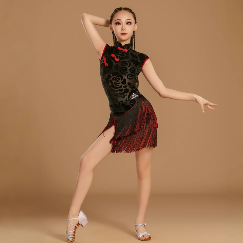 新款练功服比赛演出表演服旗袍裙舞服少儿拉丁舞夏古风流苏练习服