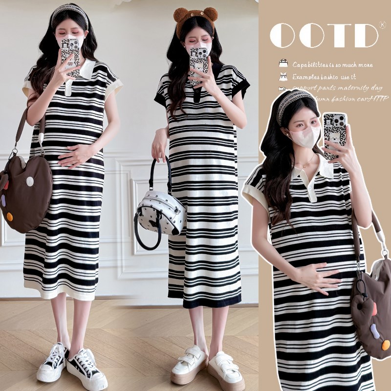 大码孕妇连衣裙女2025夏季新款冰丝条纹时尚短袖翻领t恤裙子200斤