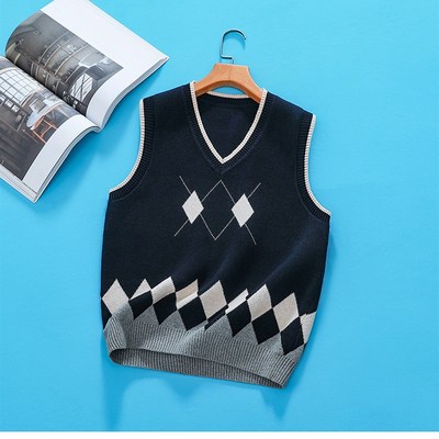 学生马甲儿童毛衣男童针织毛线背心大童校园风纯棉墨绿色男生校服