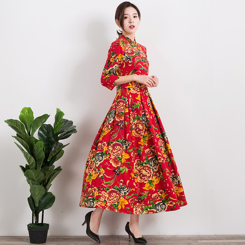 复古文艺民族风大花布棉麻连衣裙女装修身显瘦立领盘扣七分袖长裙