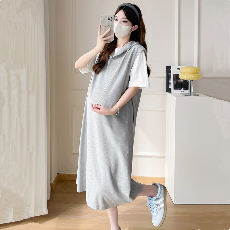 休闲孕妇夏季卫衣裙2025新款韩版撞色假两件连帽衬衫连衣裙遮肚子