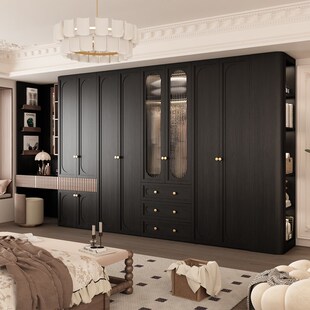 定制法式 衣帽间实木组合衣橱一门到顶 复古风黑色衣柜家用卧室美式