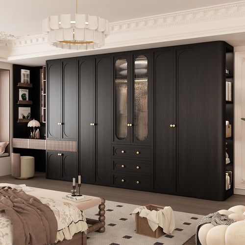 定制法式复古风黑色衣柜家用卧室美式衣帽间实木组合衣橱一门到顶