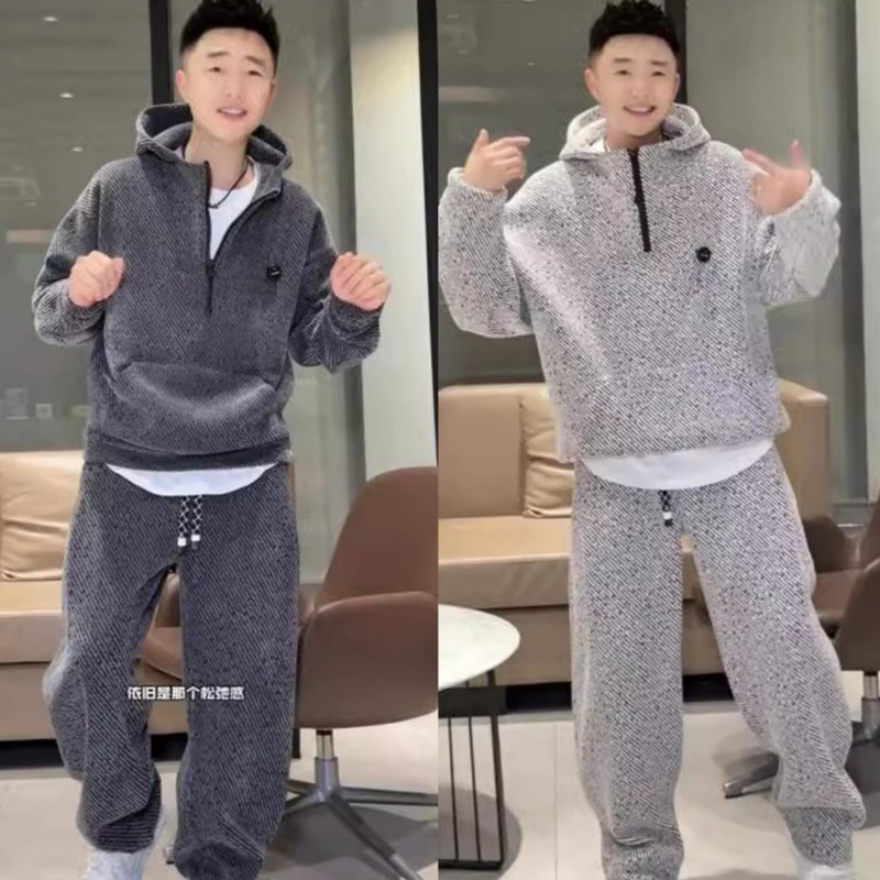 冬季加绒加厚银丝斜条纹男士休闲运动套装拉链连帽卫衣长裤两件套