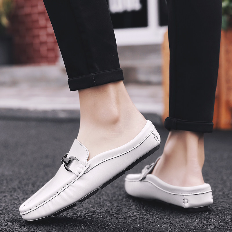 真皮半拖鞋男豆豆鞋2023新款夏季潮流韩版男士外穿无後跟懒人凉拖,流行男鞋,乐福鞋（豆豆鞋）,淘宝优惠券,粉丝福利购,淘宝优惠卷