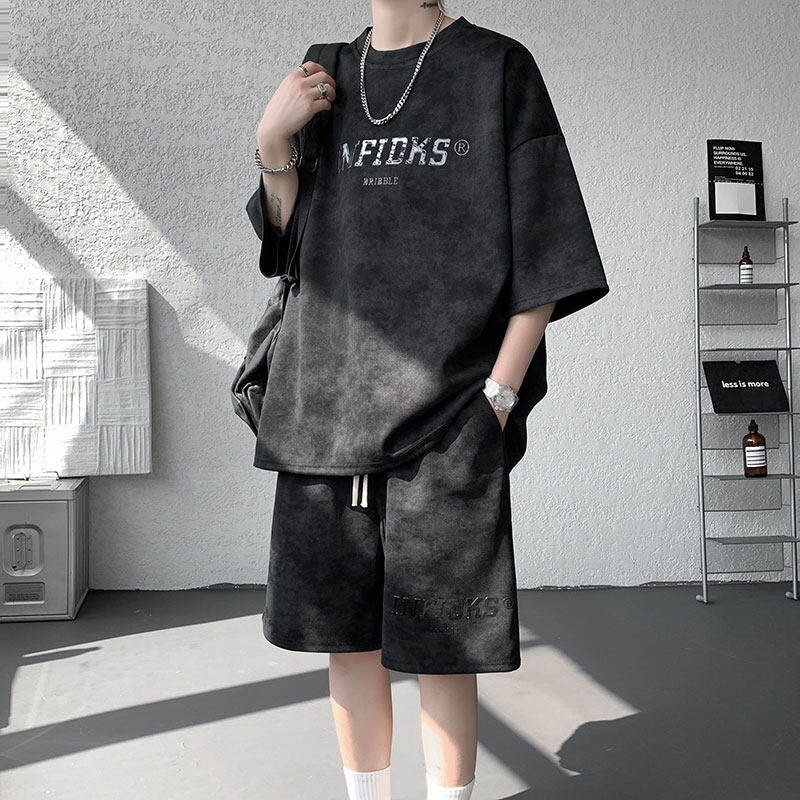 重磅t恤男青少年美式复古扎染短袖短裤套装夏季宽松运动衣服一套