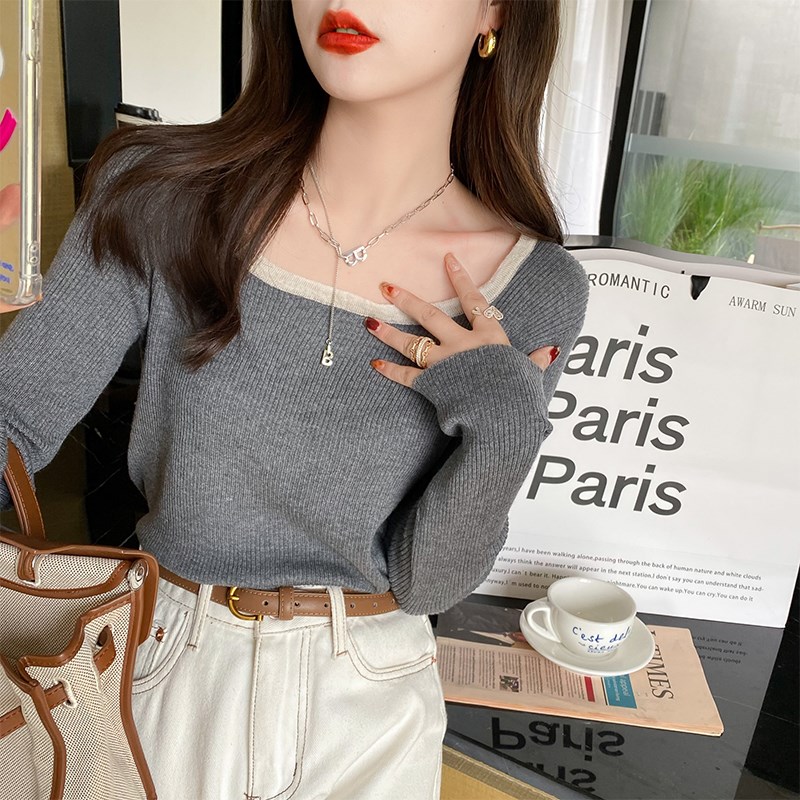 针织衫女装春秋款2024年法式方领打底衫内搭秋冬毛衣百搭长袖上衣