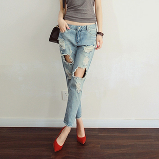 女直筒宽松显瘦高腰乞丐萝卜老爹裤 九分破洞牛仔裤 新款 2021年夏装