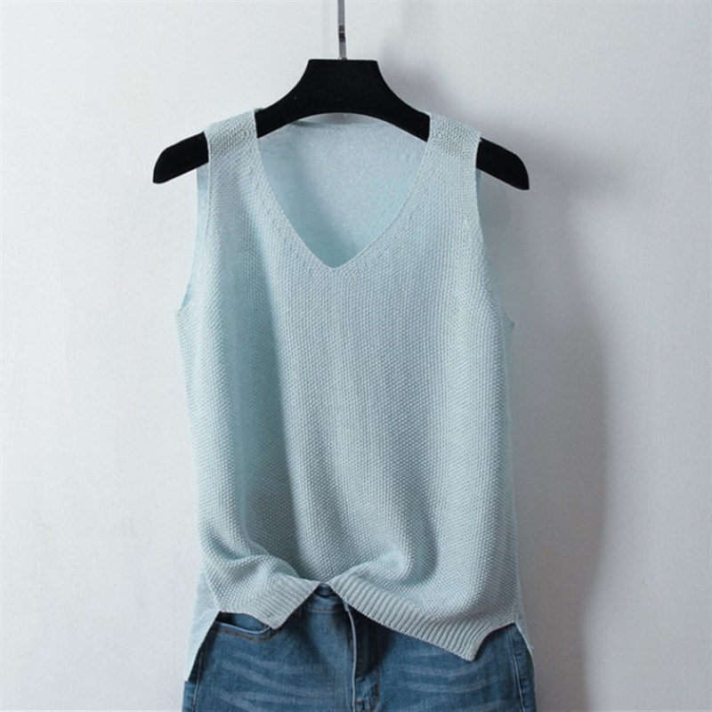 2024春夏季新款V领针织吊带衫短款女士棉麻宽松内搭打底背心上衣