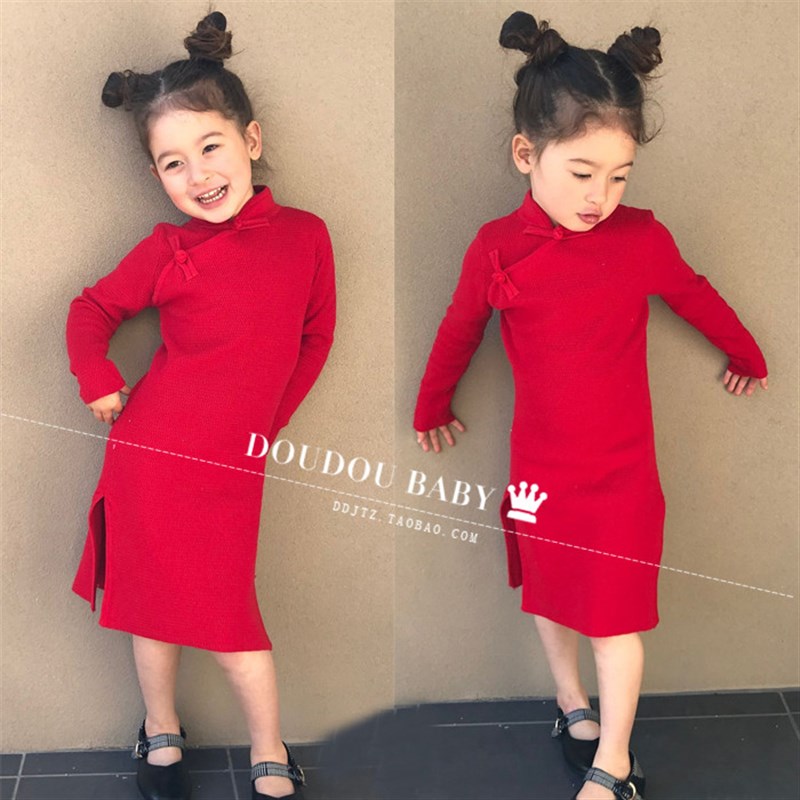 小女孩复古旗袍儿童旗袍女童中国风旗袍长袖秋冬走秀亲子旗袍红色