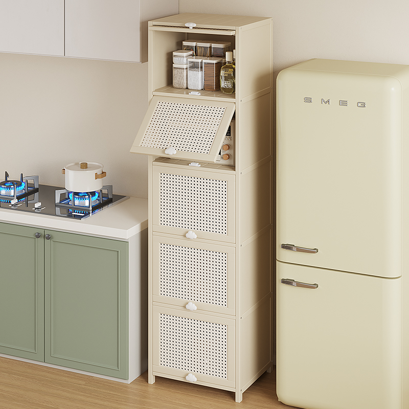 厨房微波炉置物架调味料碗柜落地靠墙一体收纳柜多功能橱柜多层竹