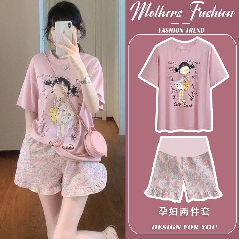 孕妇套装夏季2025新款韩版宽松休闲印花短袖粉色上衣短裤两件套女