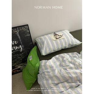 他夏了夏天 ins风条纹水洗棉床上四件套纯棉全棉床单被套床笠床品