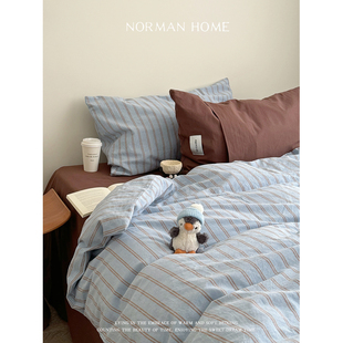 椰雾撒哈拉 复古条纹水洗棉床上四件套全棉纯棉床单被套床笠床品