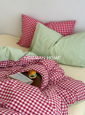 西瓜派对/ins格子水洗棉床上四件套纯棉全棉被套床单撞色混搭床品