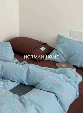 蓝咖罗曼史/复古ins条纹纯棉全棉四件套高级感水洗棉床单被套床品