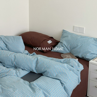 蓝咖罗曼史 复古ins条纹纯棉全棉四件套高级感水洗棉床单被套床品