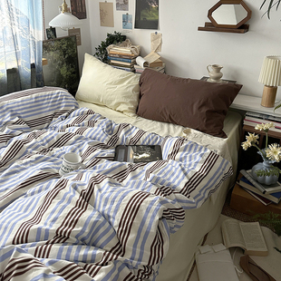 加州西海岸 复古条纹床上四件套纯棉全棉被套罩床单三件套床品
