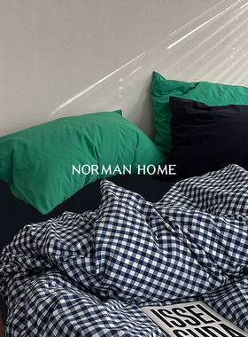 半冷西海岸/复古格子水洗棉床上四件套纯棉全棉床单被套床笠床品