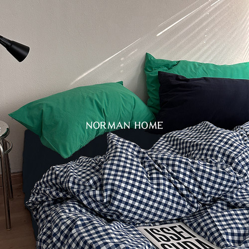 ins复古水洗棉纯棉格子四件套