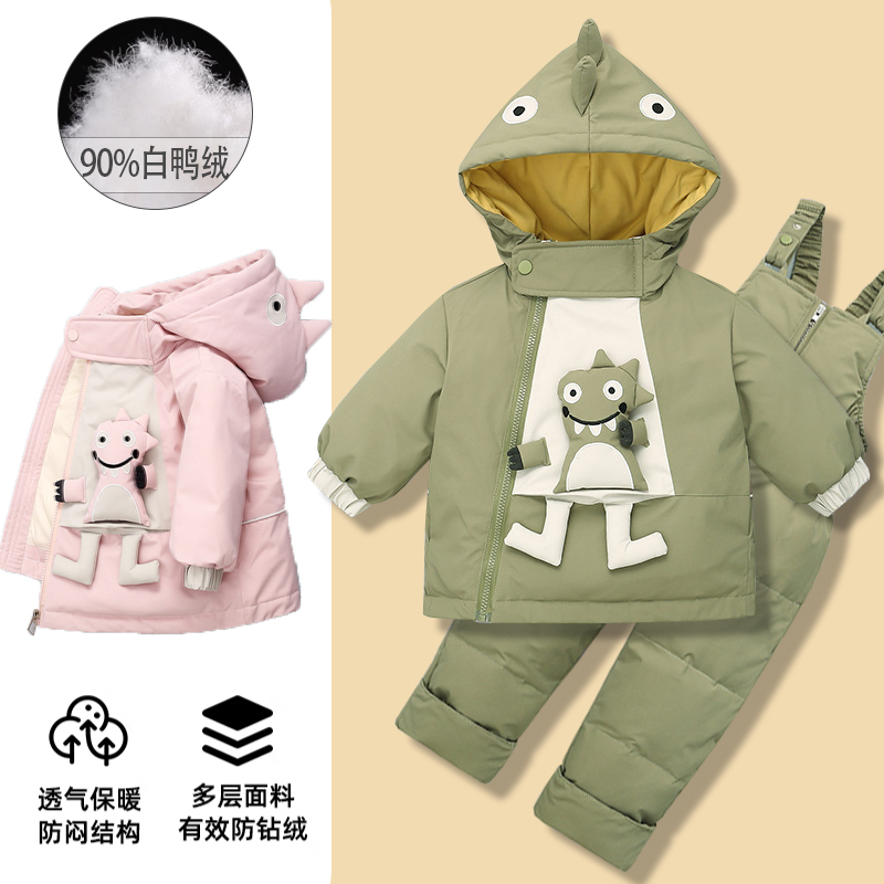 婴儿羽绒服分体套装冬天棉袄宝宝加绒加厚衣服儿童背带裤外出棉衣