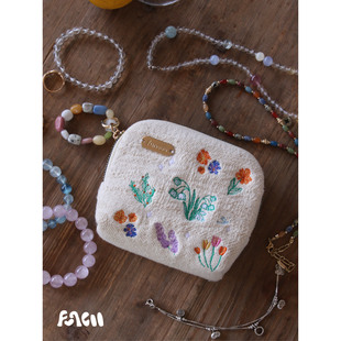 FUNCOO原创设计棉麻刺绣花朵多层手串首饰文玩水晶便携旅行首饰包