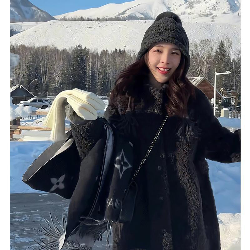 法式黑色羊羔毛羽绒棉服女冬季外套复古休闲风高级上衣