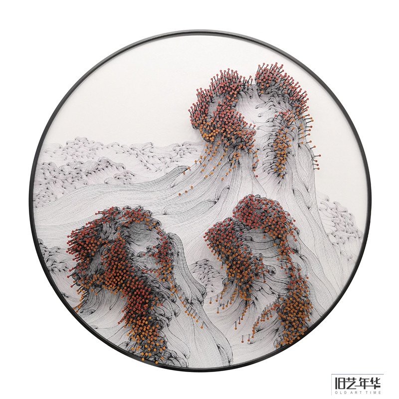 新品现代家装客厅圆形钉子装饰画黑白g波浪线条立体挂画入户玄关