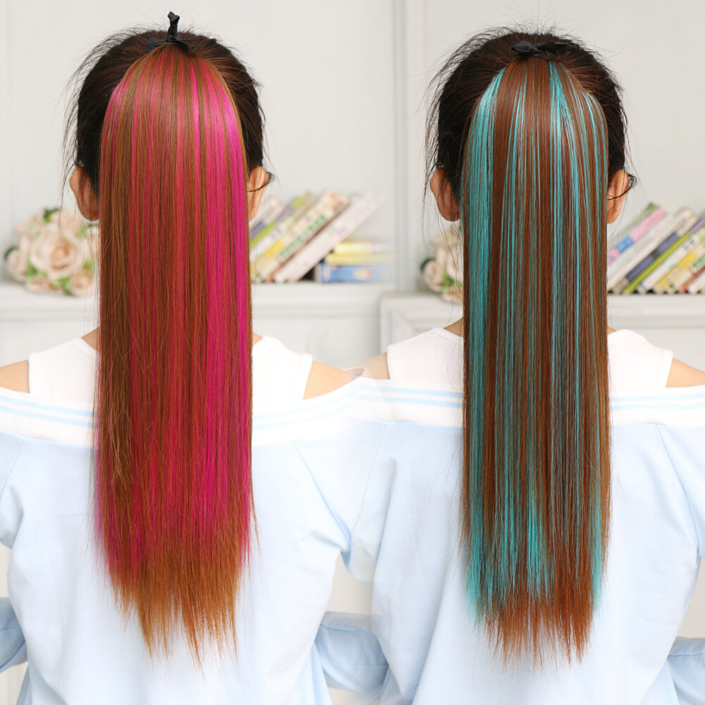 紫色彩色挑染假发马尾女系带式长直发马尾假发片逼真中长发马尾辫