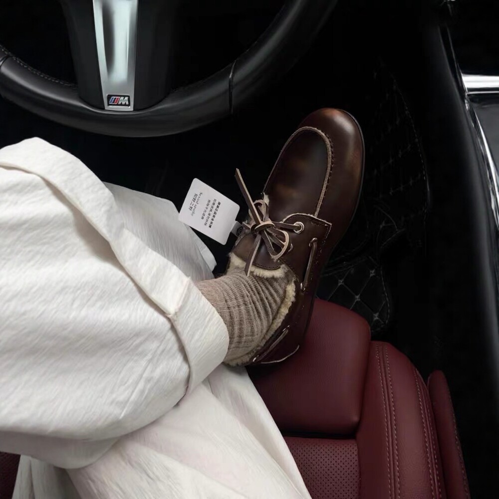 羊皮版~法式复古棕色系带加绒加厚小皮鞋女通勤真皮懒人深口单鞋