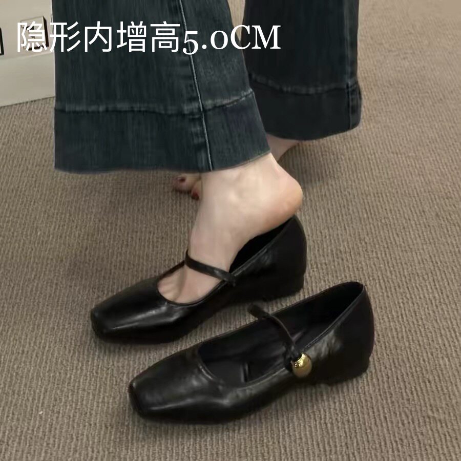 超软小羊皮~5cm内增高法式单鞋女中粗跟小皮鞋配裙子复古玛丽珍鞋